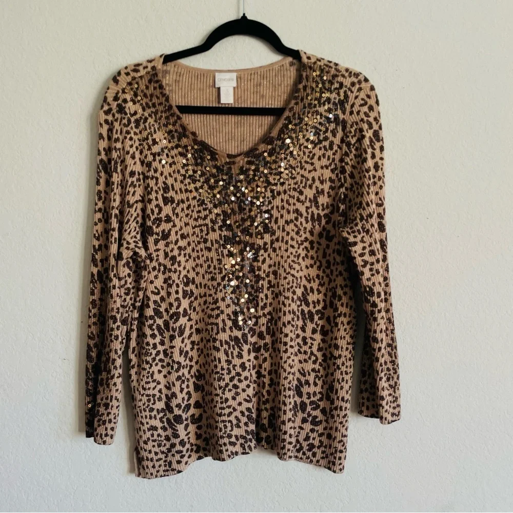 Chico’s cheetah sweater top size 3 Large ribbed sequin stretchy sophisticated - Picture 7 of 9